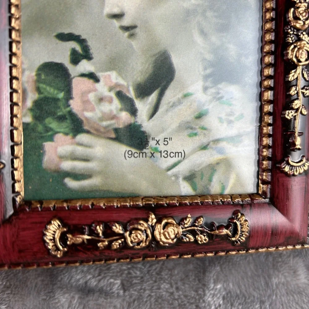 Vintage Style Red Gold Floral Jewelry Box Picture Frame Lid Keepsake Trinket Box